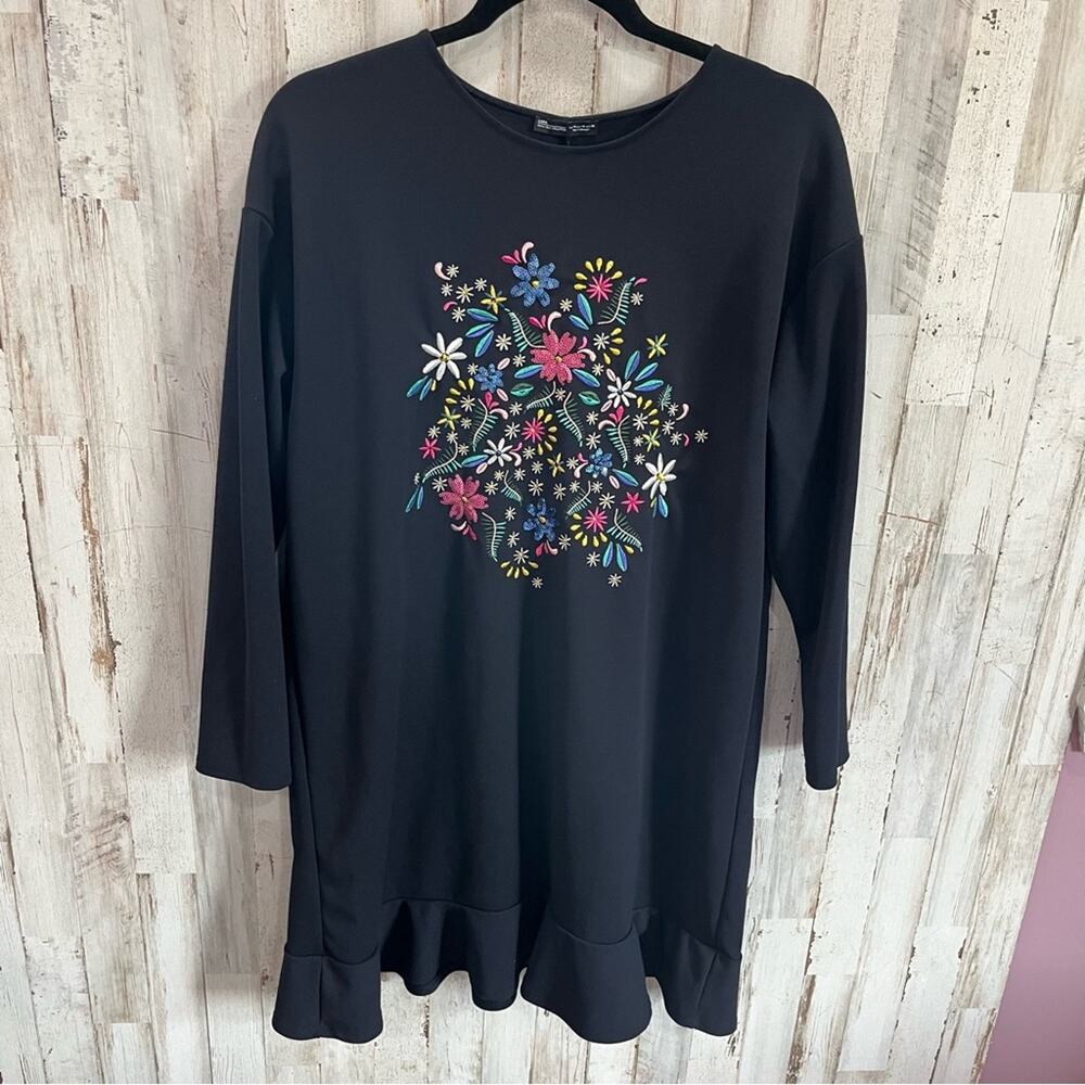 Zara Black Floral Embroidered Long Sleeve Sheath Dress